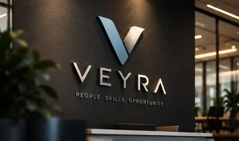 Veyra logo mounted on an office lobby wall